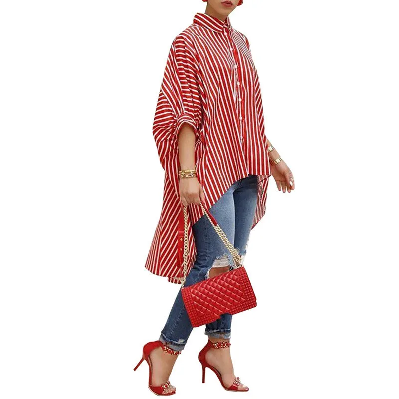 Twojstyle 2018 Autumn New Women's Batwing Sleeve Shirt Fashion Large Size Turn-down Collar Striped Red Loose Leisure S-L |
