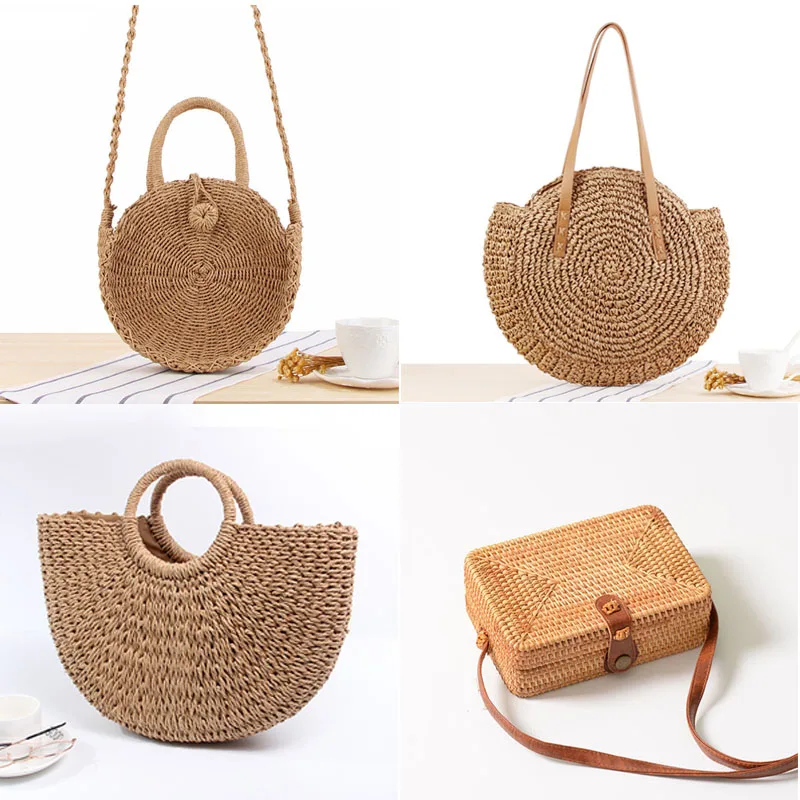 Woven Rattan Bag Round Straw Crossbody Bags Travel Small Beach HandBags Women Summer Hollow Handmade Shoulder |
