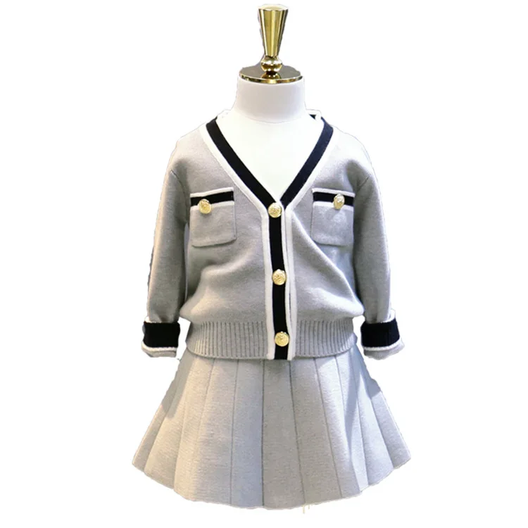 WLG/весенне-осенний комплект одежды для девочек серый свитер с v-образным вырезом и