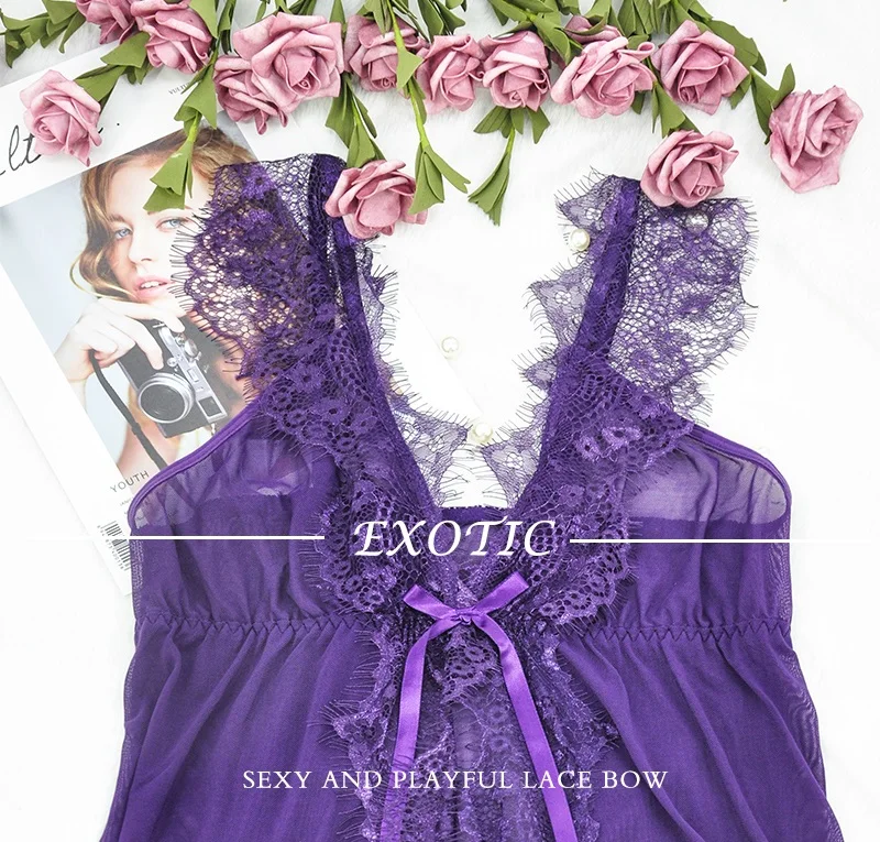 Purple Perspective Lace Sling Strap Nightwear With Thong Women Gecelik Camisola Sexy Sleepwear Nightgown Set Baby Doll Lingerie |