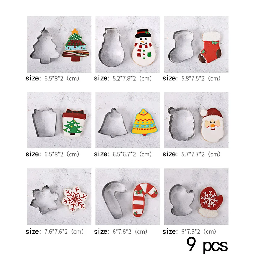 9pcs Marebell, Рождественская форма для печенья, 9 шт., 10 шт., вафельная форма для шоколада, Санта Клаус, олень; Снежинка, пряник, формы для выпечки, инструменты для выпечки - Цвет: 9pcs