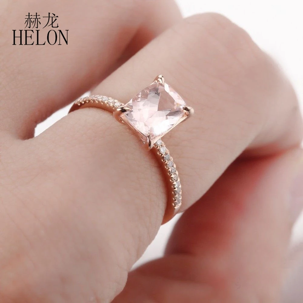 

HELON Solid 10K Rose Gold Certified Cushion 8x6mm Natural Morganite Diamond Engagement Ring Women Romantic Wedding Party Jewelry