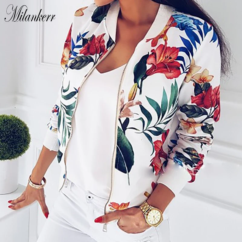 New Women Ribbed Trim Flower Print Bomber Jacket Female Autumn Fashion Long Sleeve Casual Tops Zipper Outwear Loose | Женская одежда
