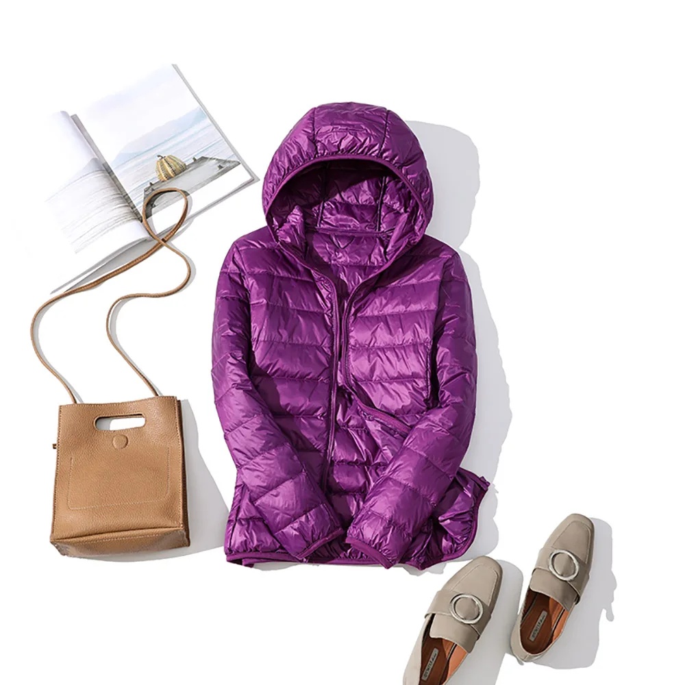 Purple Зимний женский пуховик, ультра-светильник, 90% утиный пух, теплое пальто, Брендовые куртки с капюшоном, длинный рукав, тонкая парка, женская верхняя одежда - Цвет: Purple