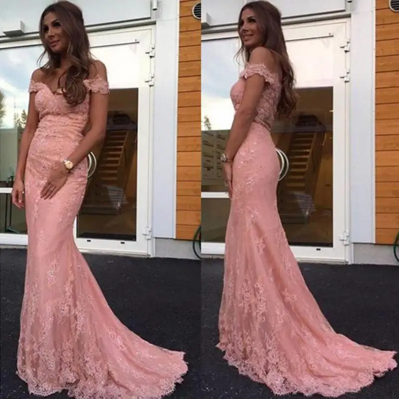 

Excellent Pink Evening Dresses For Women Off The Shoulder Pink Lace Beading Sweep Train formal dresses for women evening