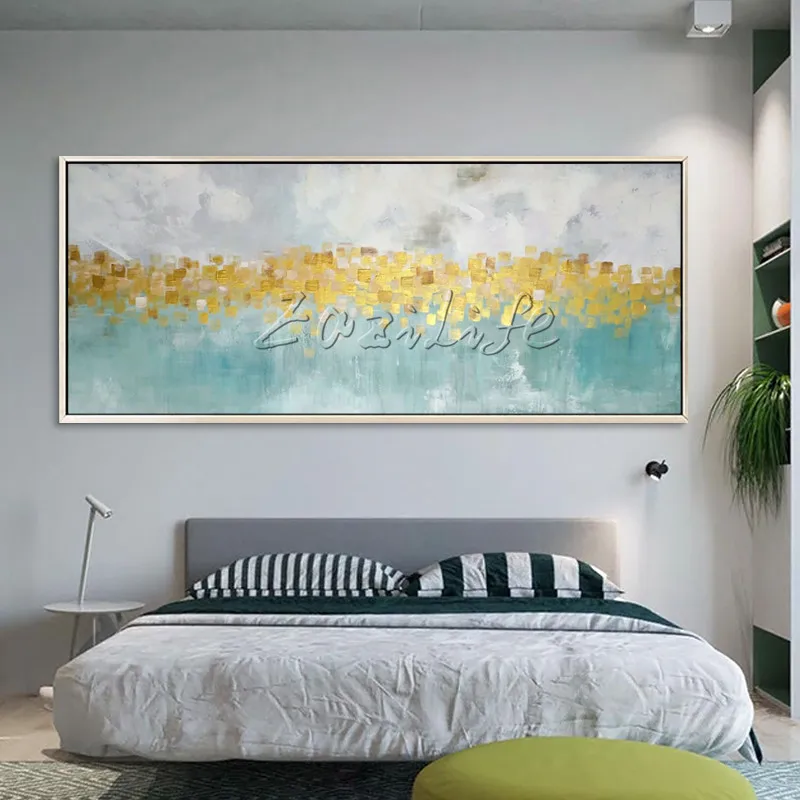 Абстрактная Золотая художественная живопись Ледяной Синий цветок quadro caudros decoracion