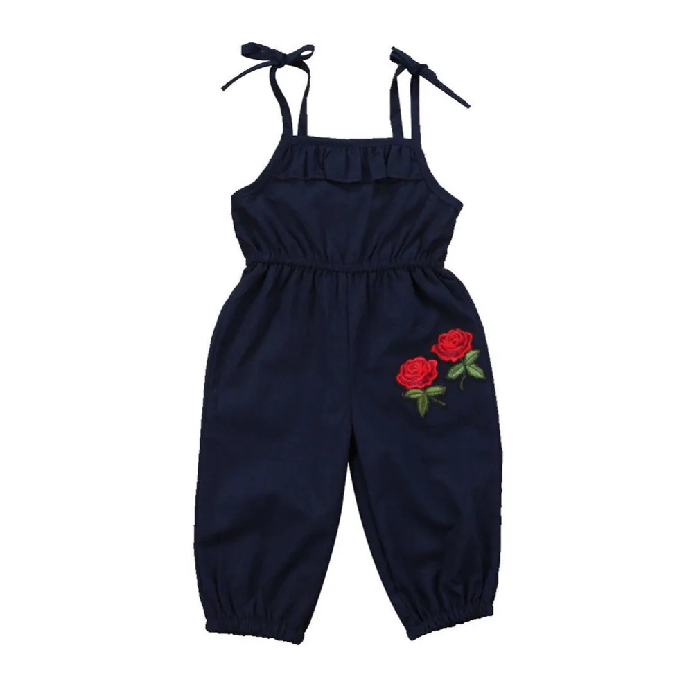Одежда для маленьких девочек комбинезоны темно-синего цвета с вышитым розовым