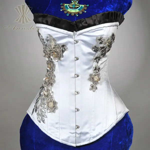 

Black Trim White Floral Satin Bustier Corset Tops Steel Bone Overbust For Sale