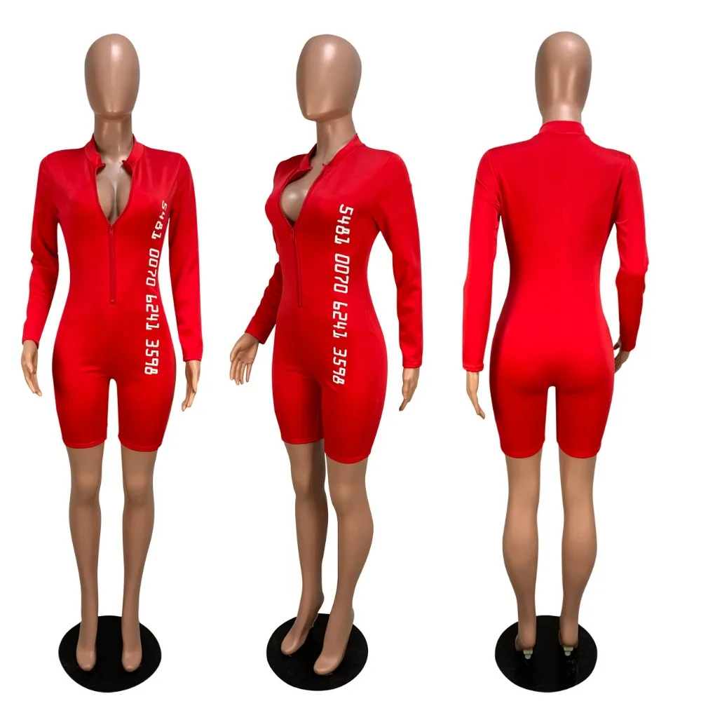

Sport Casual Black Red 2 Colors Solid Letter Print Full Sleeve O-Neck Zipper Women Jumpsuits Female Playsuit Romper