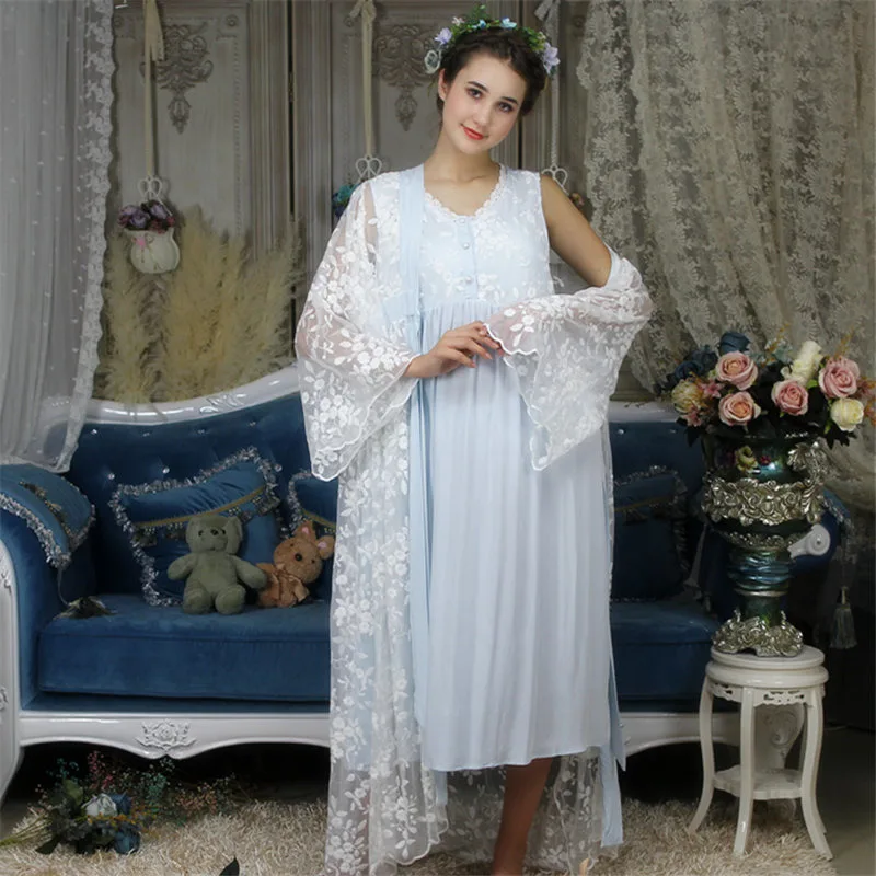 Blue Осенняя Женская одежда для сна, комплект из двух предметов, белое кружевное кимоно с поясом, без рукавов, свободное Ночное платье, элегантная Домашняя одежда H680 - Цвет: Blue
