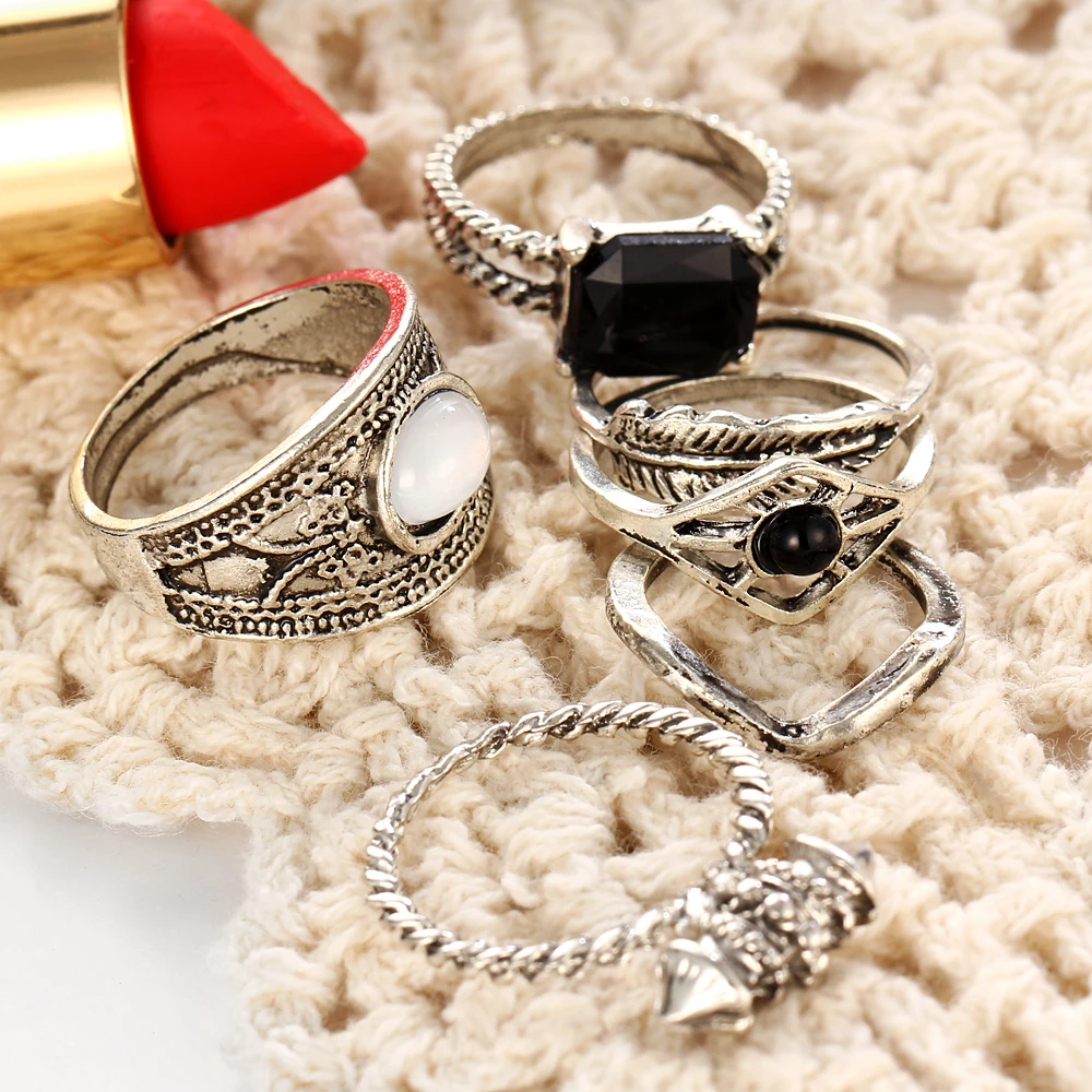 6piece/set Retro Stone Rings Feather Charms Punk Midi Women Jewelry Joint Ring Wrap Knuckle Set Olives Party Fashion | Украшения и