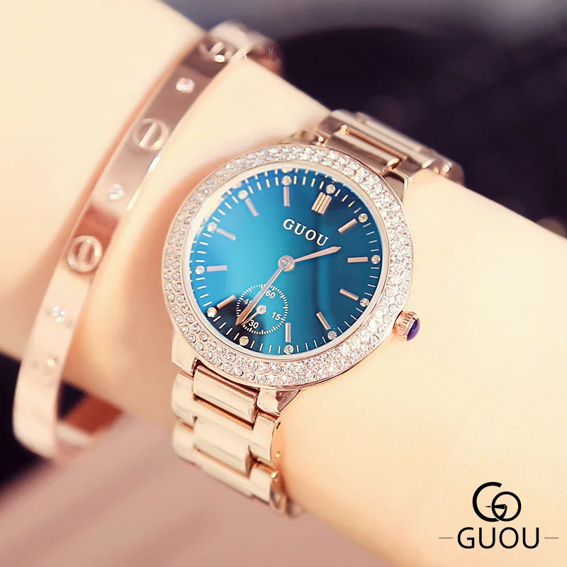 Лидирующий бренд часы со стразами женские роскошные с полностью стальным