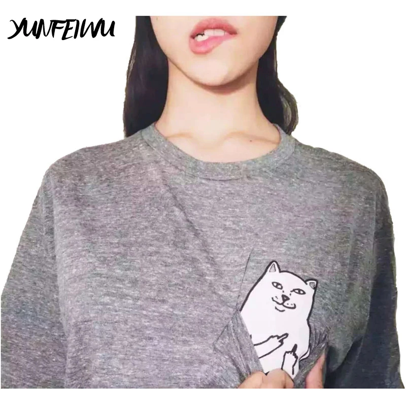 Для женщин короткий рукав палец кошка карман футболка Летняя черно-белой печати