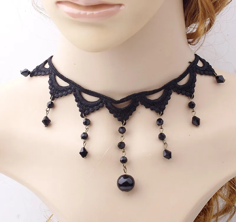 Модное готическое викторианское ожерелье с кристаллами и кисточкой, татуировка, колье, черный кружевной воротник, винтажное женское свадебное ювелирное изделие