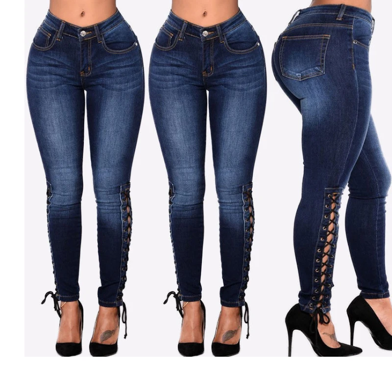 

Woman Big Hip Shaping Lace Up Jeans Denim Pants Stretch Skinny Jeans for women High Waist Pencil Curvy Jeans Slim denim Pant