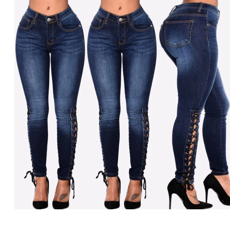 Фото Женские облегающие джинсы с завязками на бедрах джинсовые брюки со шнуровкой