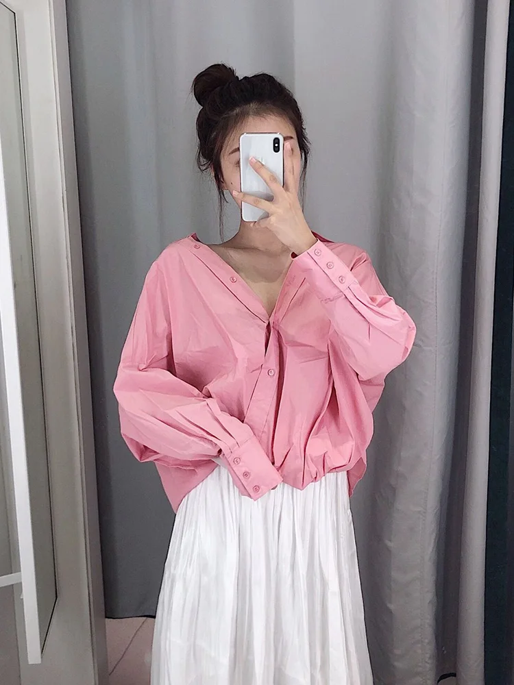 Модная розовая Женская рубашка новинка 2019 распродажа v образный вырез рукав