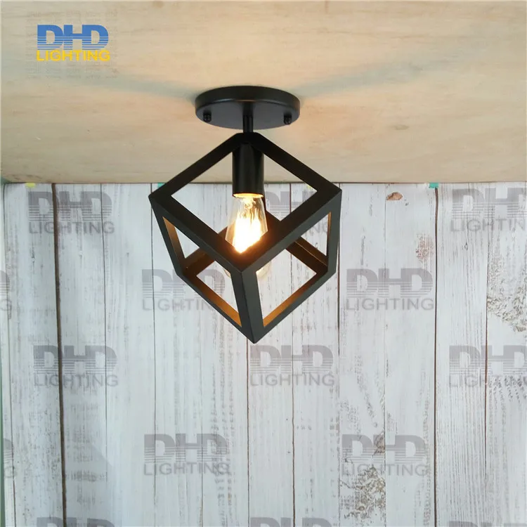

Free shipping Retro indoor lighting Vintage black iron Triang cage shade ceiling light fixture Edison filament lighting fixture