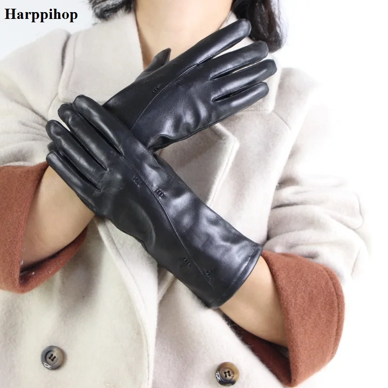 black 2 Новинка, женские перчатки из натуральной кожи, женские перчатки из козьей кожи, весна-осень, с нейлоновой подкладкой, модные трендовые Длинные Варежки, H826-01 - Цвет: black 2