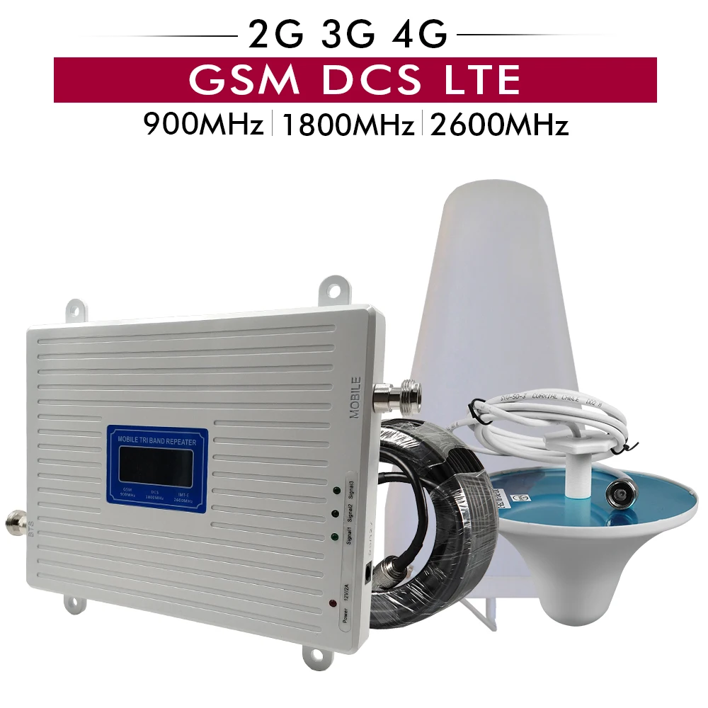 Трехдиапазонный повторитель мобильного сигнала 2G 3G 4G GSM 900 + DCS/LTE 1800 FDD LTE 2600
