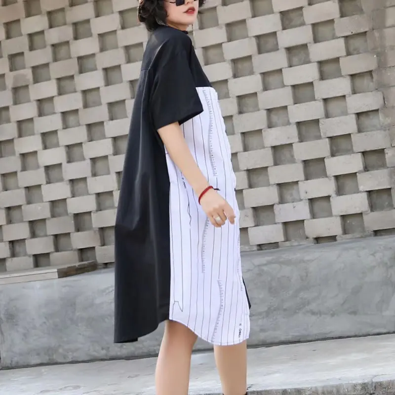 [XITAO] 2019 New Europe Casual Loose Short Sleeve Button Pocket Striped O-neck Fashion Asymmetry Knee-length Dress WBB3261 | Женская