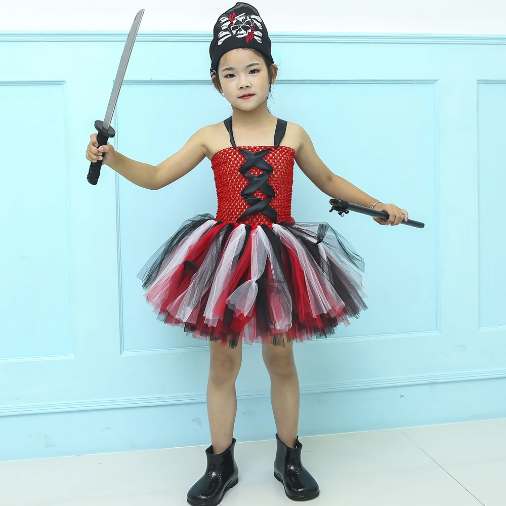 Red and Black Girls Pirate Tutu Dress with Kerchief Halloween Cosplay Costume for Kids Party Children Clothes | Детская одежда и