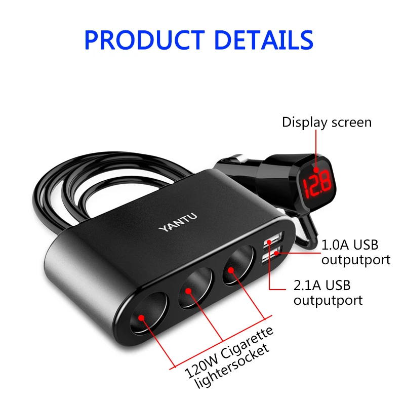 Светодиодная розетка для автомобильного прикуривателя 3 usb-порта 2 выхода 1 А