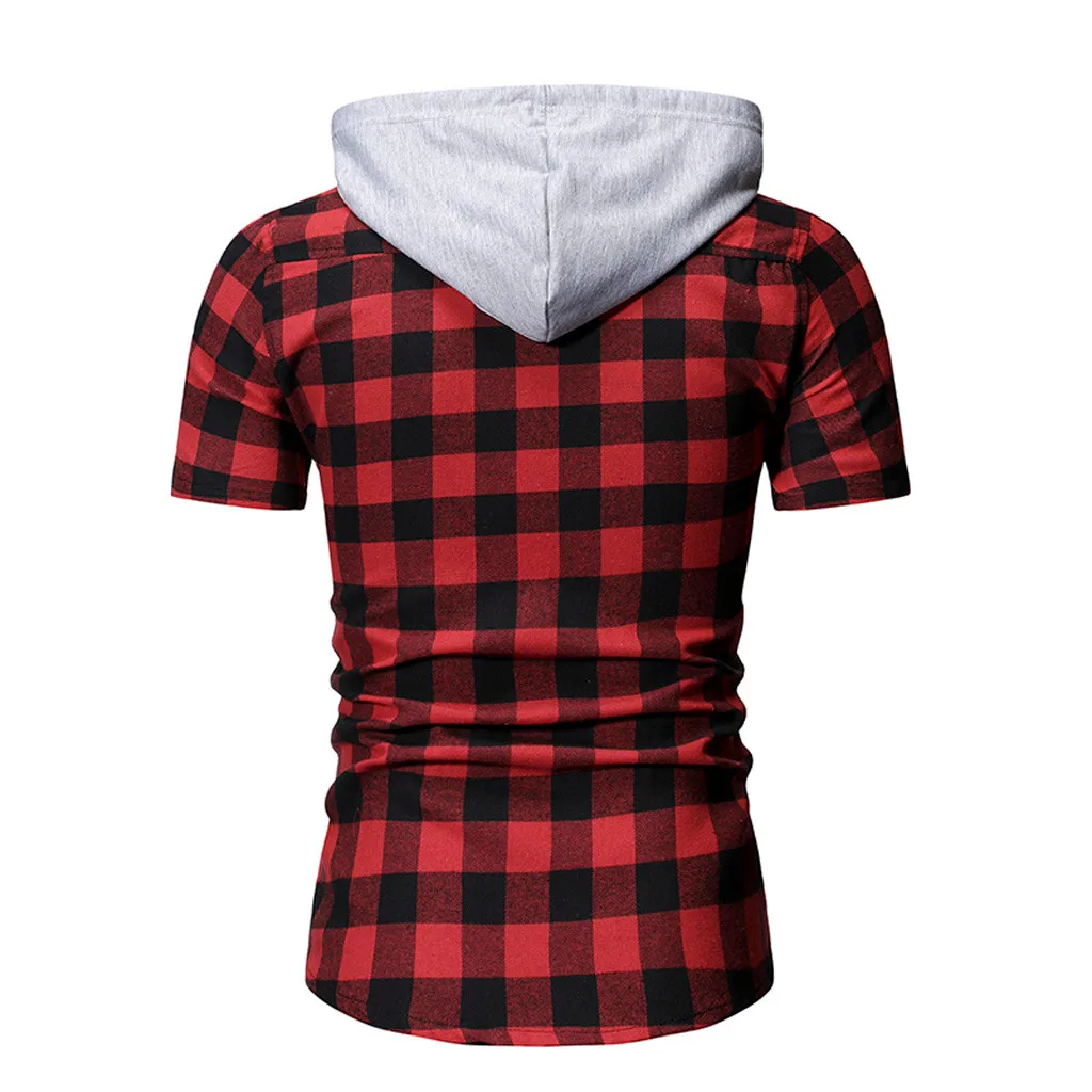 Летняя мужская рубашка с коротким рукавом капюшоном клетчатая повседневная