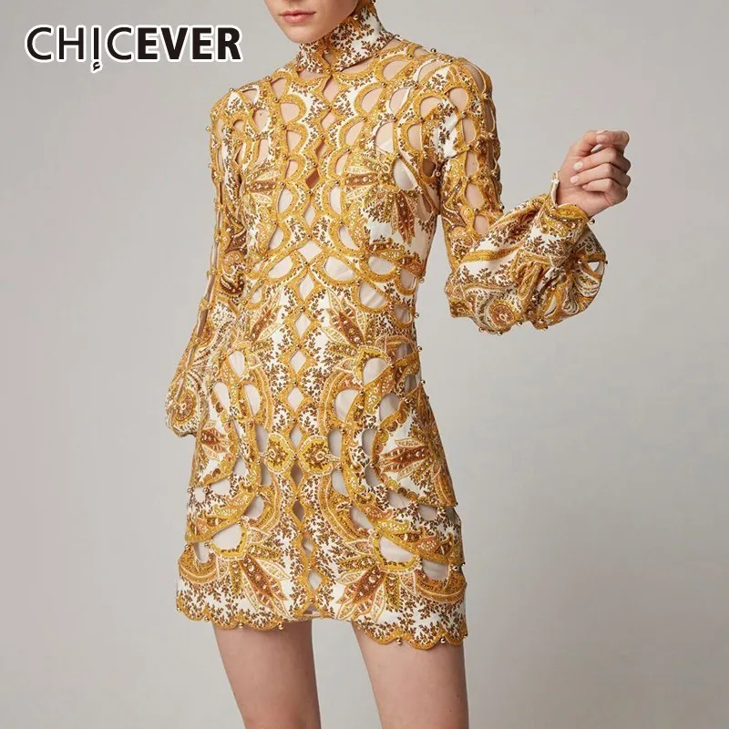 CHICEVER Summer Sexy Hollow Out Straight Dress For Women Stand Collar Lantern Sleeve Mini Print Dresses Female Fashion New