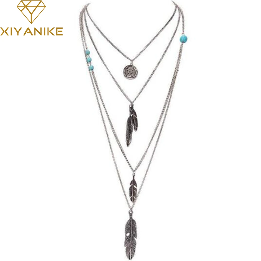 

New Brand Fashion Boho Multilayer Feathers Bijoux Charm Necklaces Beads Maxi Necklace Jewelry N60