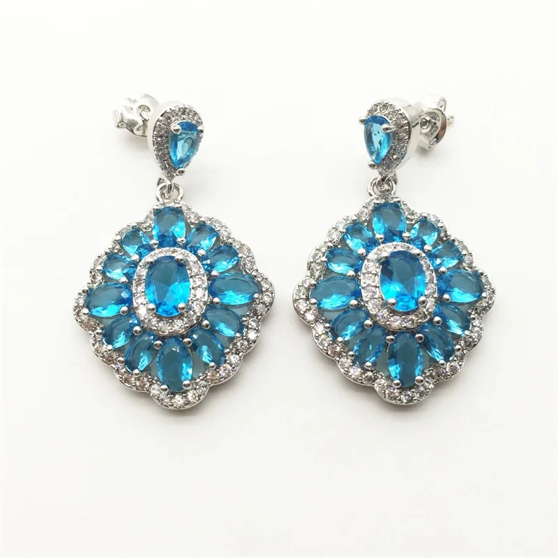 Flower Sea-Blue White color Silver Jewelry Sets For Women Drop Earrings/Necklace/Ring/Pendant Free shipping | Украшения и
