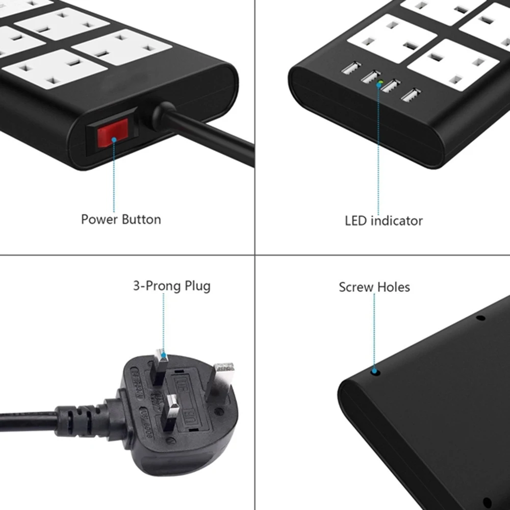 Силовая полоса плоский 6 AC Великобритания розетки розетка с USB зарядное устройство Порт 2500 Вт Защита от перенапряжения выключатель 2 м удлинитель шнур