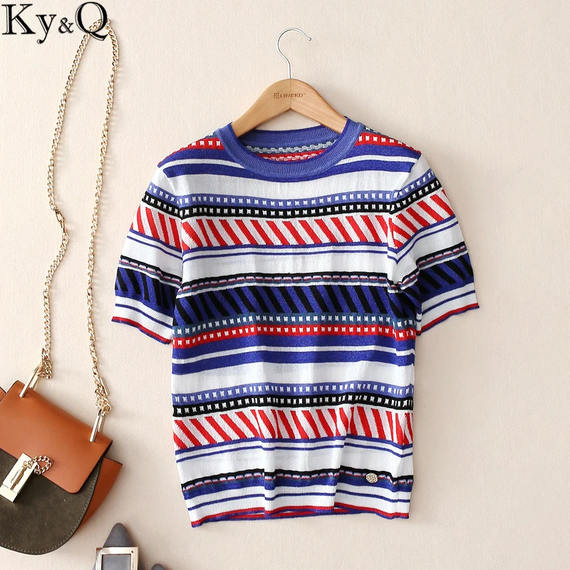 2019 Summer Women Runway Striped Sweater and Pullovers Short Sleeve O neck Korean Ladies Knitted Jumper Streetwear Tops Clothes | Женская