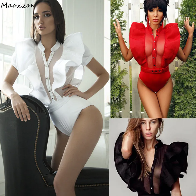 

Maoxzon Womens Sexy Club Bodycon Bodysuits For Female Butterfly Sleeve Mesh Patchwork Teddy Skinny Short Triangle Jumpsuits XL