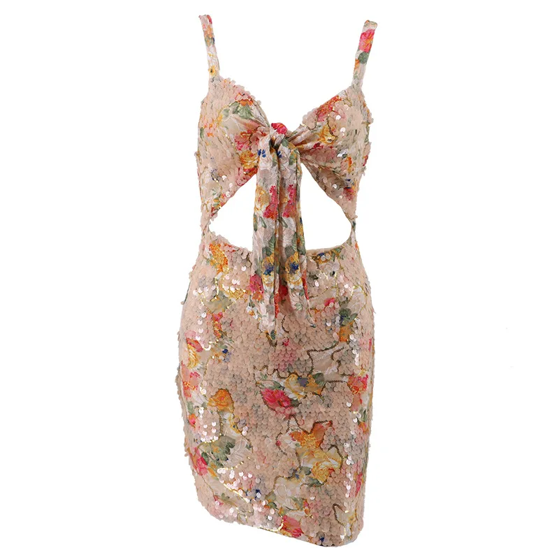 yuqung Strap Floral Sequins short Dress Ladies Evening Party Luxury Mini lace up Club wedding package hip bodycon dress |