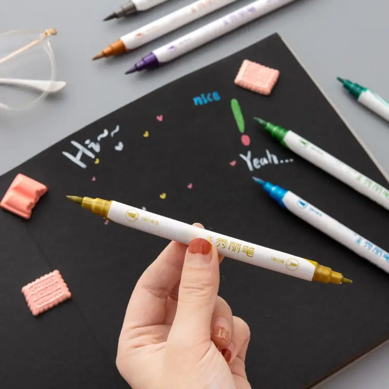 Color Double Head Pen Student Office Metal Note 12 Monochrome Creative Hand Account Line Drawing Greeting Card C | Канцтовары для