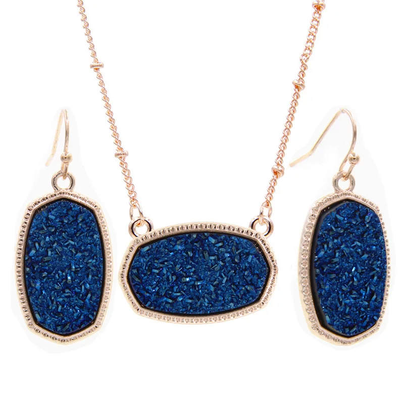 Осень YJX розовое золото цвет мини переливающийся Drusy Овальный кулон ожерелья с серьгами ювелирный набор блеск бутик - Окраска металла: Blue