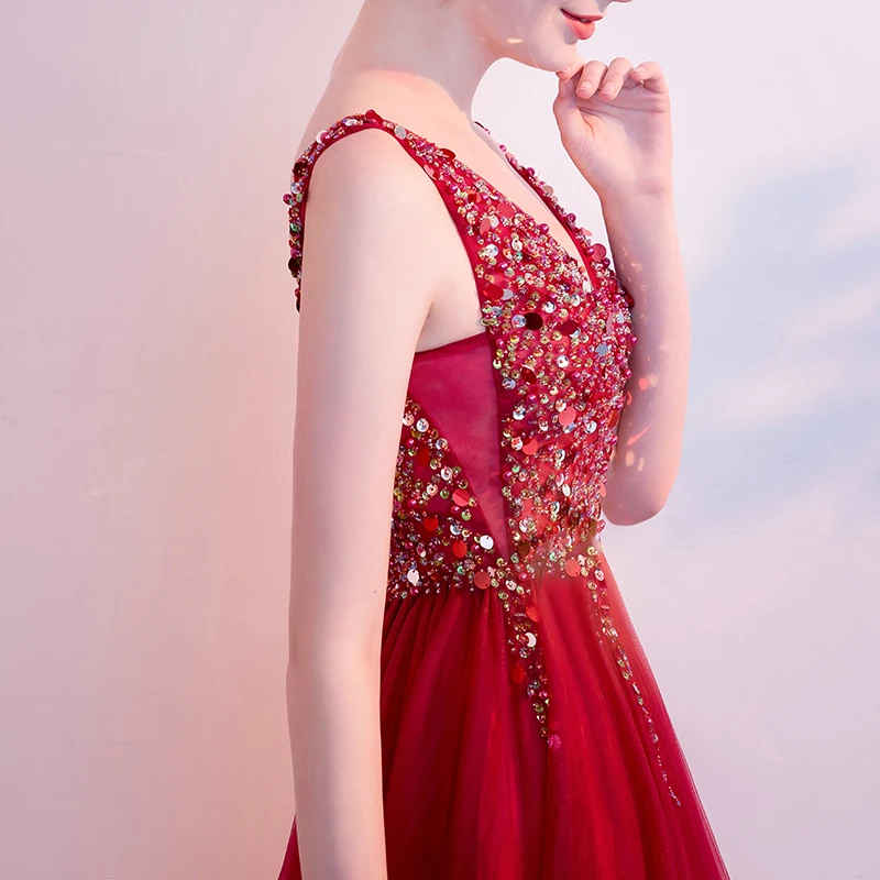 

Burgundy Backless Prom Dresses Long Gala Jurken Vestido Tulle Beading Formatura Sleeveless Slit Prom Dress Women Evening Dress