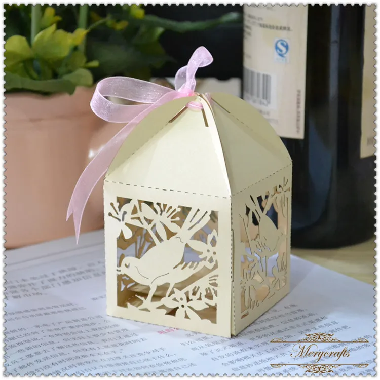 

Cheap hollow laser cut bird love wedding favor boxes with ribbon bow