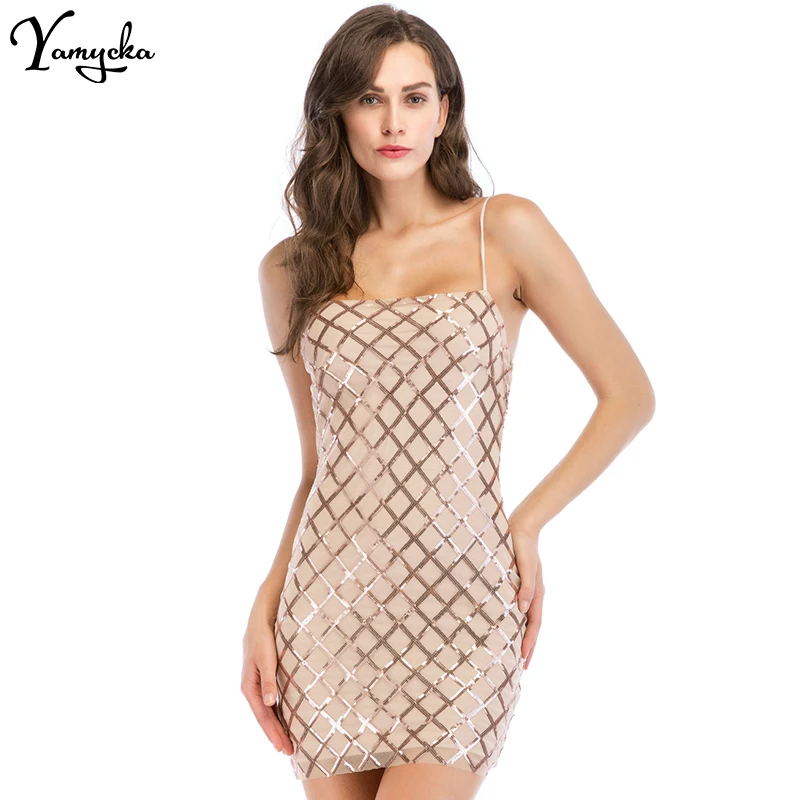 

Sexy Women Plaid Sequins Summer Dress Sheath Spaghetti Strap Bandage Luxury Nightclub Mini Off Shoulder Party Dresses Vestidos
