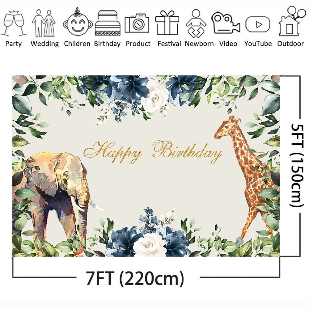 Birthday Party Backdrop for Photography Giraffe and Elephant Photo Background Animal Flower Backdrops Leaves Booth | Электроника