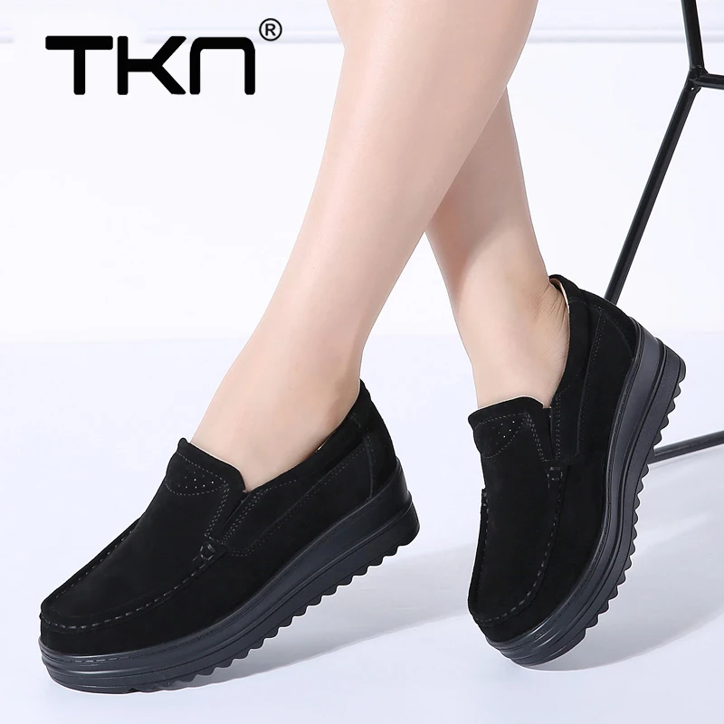Женские туфли на плоской подошве TKN Кожаные Замшевые лоферы толстой повседневные