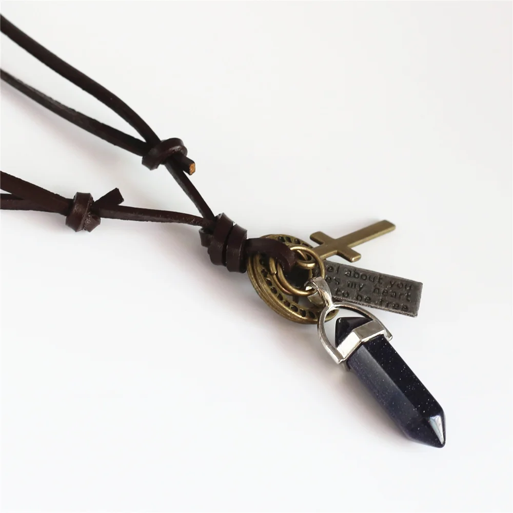 

New Brown Long Leather Rope Chain Alloy Hoops Cross Blue Sandstone Natural Stone Pendant Women Necklace Men Femme Homme Jewelry