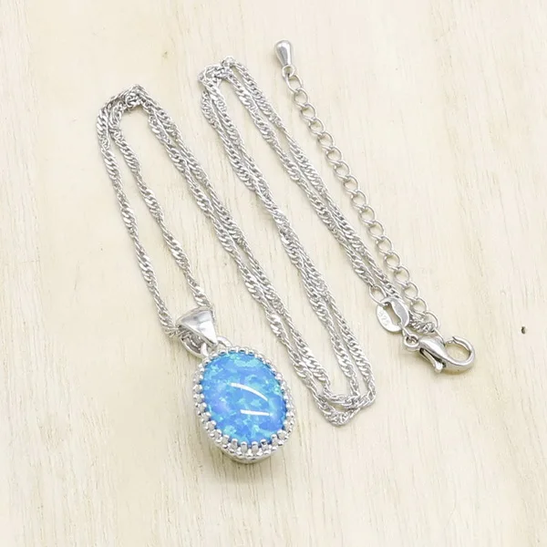 Blue Opal Blue White Opal Green Pink Zirocnia 925 Silver Necklace Pendant For Women 4 colors Gift Jewelry - Окраска металла: Blue Opal