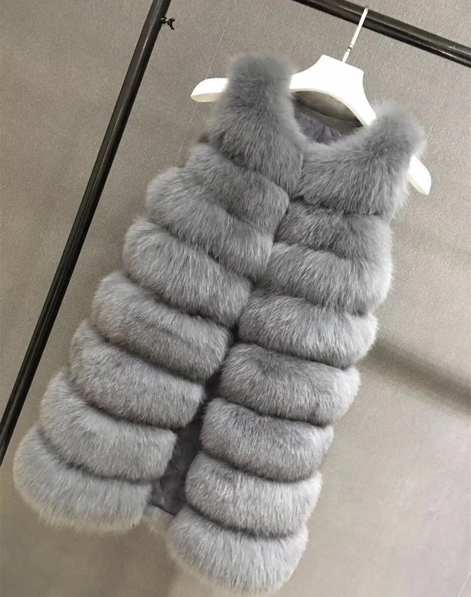 DANCING WINGS Long Style Real Fox Fur Vest 90CM Fur Vests Sleeveless O Neck Full Pelt Women Winter Warm Fur Vests