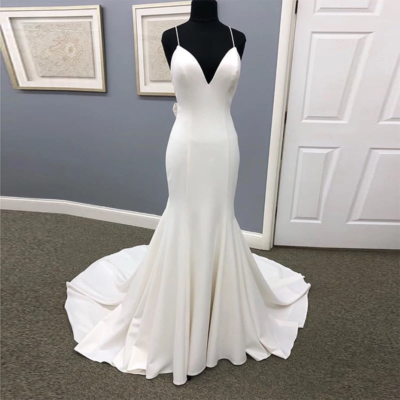 

Real Photos Mermaid Wedding Dresses Spaghetti Straps White Ivory Sleeveless Bridal Dress Bow Backless Vestido De Noiva 2019