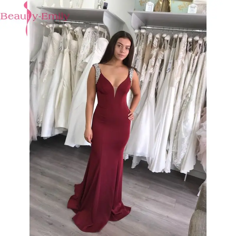 Beauty Emily Beads Бургундия Русалка вечернее платье длинный v-образный вырез вечерние платья для женщин robe de soiree