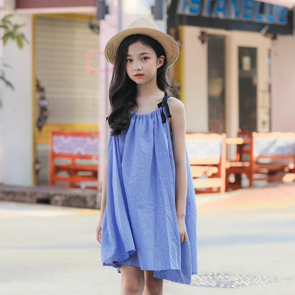 Детский сарафан без рукавов в синюю полоску Одежда для девочек-подростков летнее