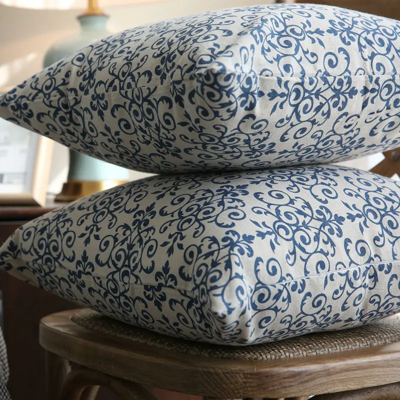 Pillow cover Льняная скатерть в стиле ретро, хлопковая, моющаяся, кофейная, для ужина, голубой и белый фарфор, скатерть для Рождества, свадьбы, банкета - Цвет: Pillow cover