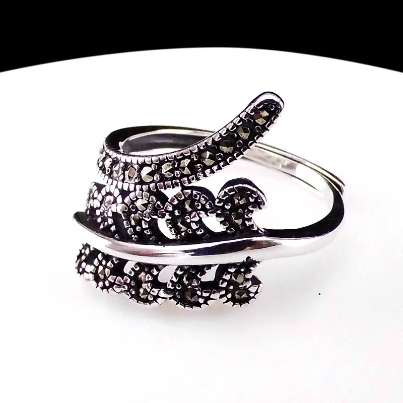 

FNJ 925 Silver Leaf Ring Jewelry New Fashion Wujin stone S925 Sterling Silver Rings for Women Adjustable Size bague